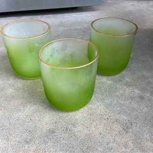 3 green with gold rim glass vases